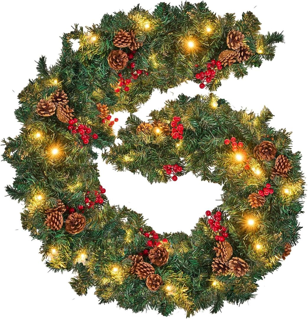 Christmas Garland with Lights, 9FT Christmas Garland for Mantle, Prelit Outdoor Garlands with Red Berries and Pine Cores for Outdoor Indoor Mantle Table Stairs Fireplace Home Christmas Decor (Green)
