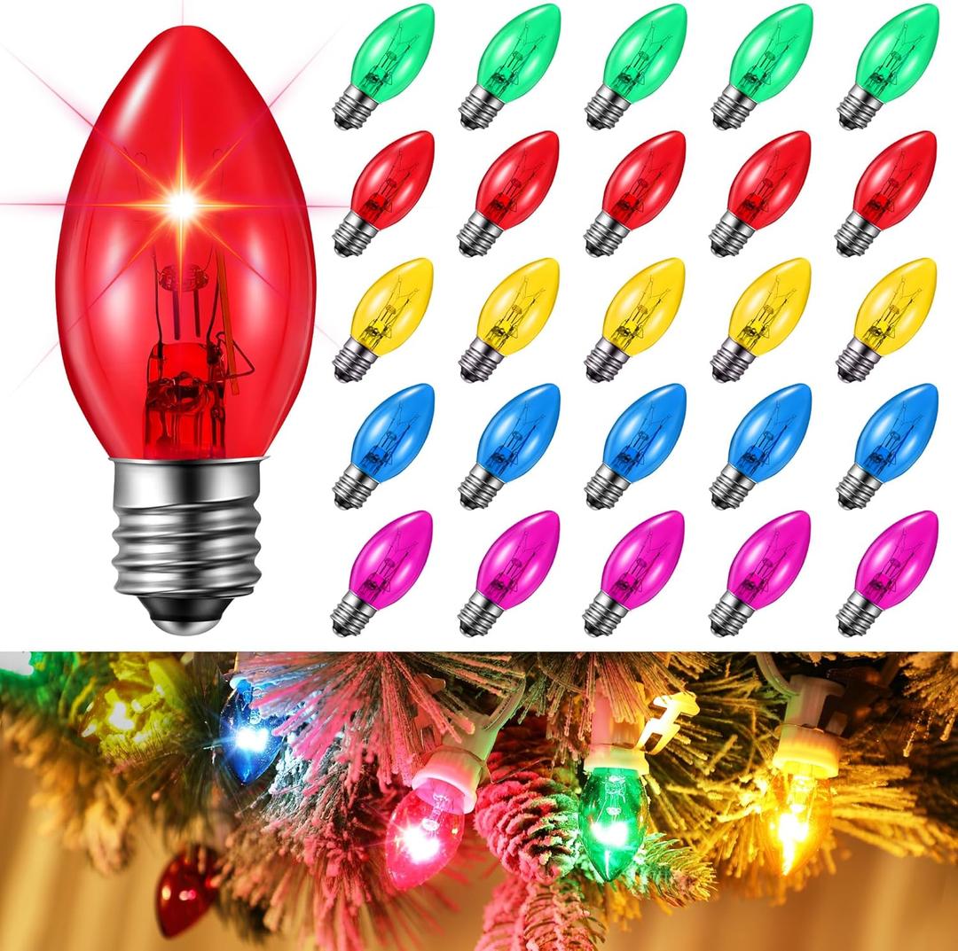 25 Pack Twinkle Christmas Replacement Bulbs, 7W Random Blinking Light Bulbs for Christmas String Light, Nightlights(Colorful,C9,E17 Intermediate Base)