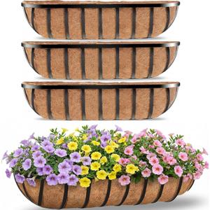 HFHOME 30" Deck Railing Planter Box with Horse Trough Coco Liners, Black Window Box Metal Hanging Flower Planters Baskets for Indoor, Outdoor, Balcony, Porch, Fence, Patio, and Lawn (Set of 4)
