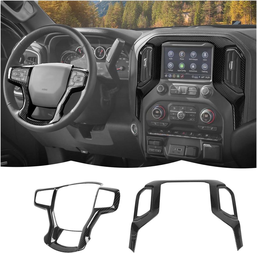 RT-TCZ Center Console Navigation GPS Panel Cover Trim Kit Decoration Interior Accessories for Chevrolet Chevy Silverado 2019-2021 (Black Carbon Fiber)
