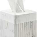 White Tissue Box Cover Square Resin Tissue Holder for Home Decor, Hand Poured Marble Ribbed Cube Tissue Box Holder  5.5 Inch Heavy Duty Luxury Tissue Box Case for Bathroom, Living Room, Office