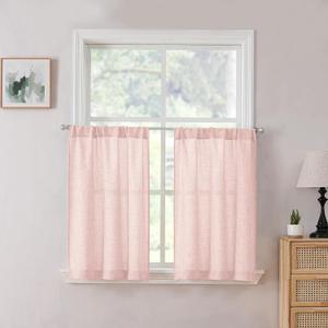Short Linen Tier Curtains Rod Pocket Semi Sheer Half Kitchen Curtain Burlap Light Filtering Thick Linen Drapes for Bathroom, 41X20  inches Long, Pink, Set of 2 Panels