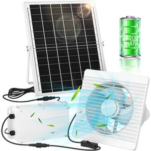 Solar Exhaust Fan with 24000mAh Battery, 25W 9.8" Solar Powered Fan for Day/Night Use, 3200 RPM High-Speed Low Noise Waterproof Ventilation Fan for Chicken Coops, Greenhouses, Garages & Sheds