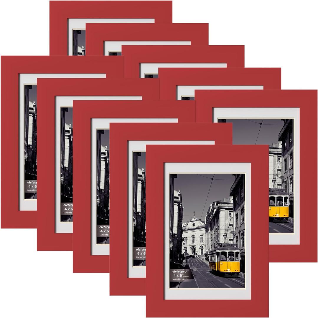 eletecpro 4x6 Picture Frames Set of 10, Picture Frame Collage Wall Decor Display 3.5x5 Photo with Mat or 4x6 Without Mat, Home Decor Gallery Frame for Table Top or Wall Mounting, Red
