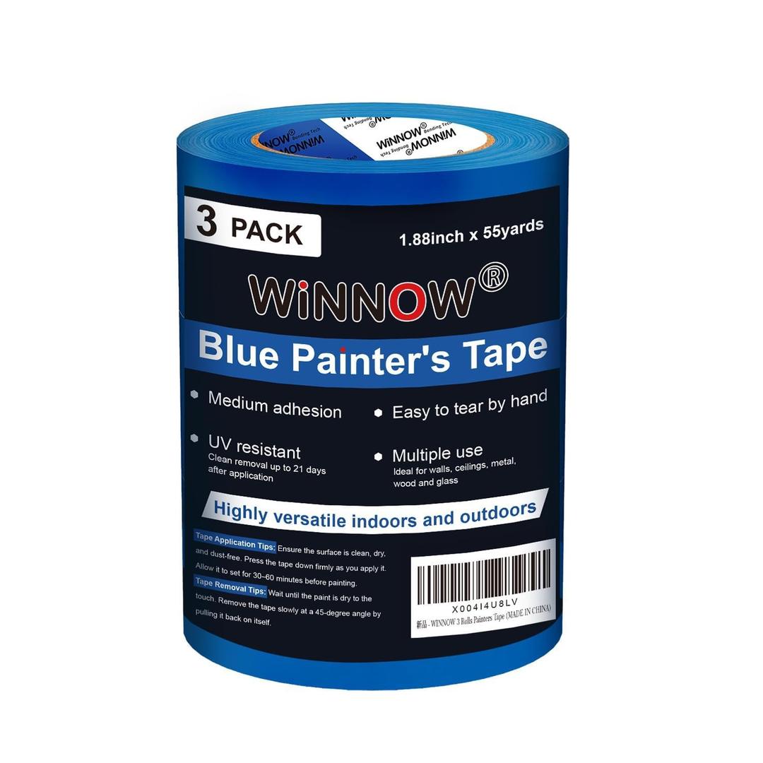 WINNOW Painter Tape Paint Tape for Walls | Gift for New Home Improvement Blue Masking Tape 1.88 in X 55 Yds UA Resistant and Easy to Removes Ideal for Wall Painting and Home Decoration, 3 Rolls