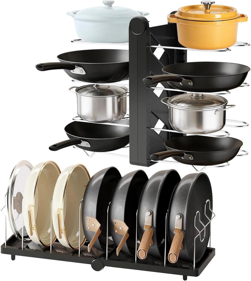 CEHNCEH Foldable Pots and Pans Organizer Under Cabinet 28.5" L x 9.1" W x 9.9" H Expanded, Folds Flat Adjustable 8-Tier Stainless Steel Dividers Kitchen Cabinet Cookware Baking Frying Rack (Black)