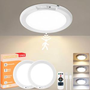 KYEKIO Rechargeable Ceiling Light 2Pack, 3 Color Magnetic Motion Sensor Lights with Remote, Wireless Dimmable Closet Light Battery Operated, LED Lights for Shower Pantry Shed Hallway Porch Stairs