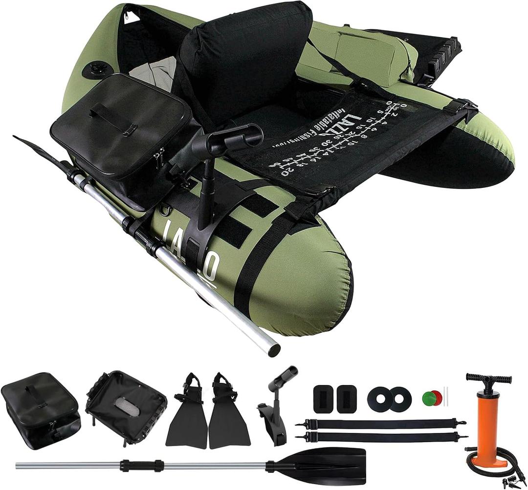 Fishing Float Tubes, Inflatable Float Tube, Belly Boat Fishing with Adjustable Straps, Storage Pockets, Fish Ruler, Pump, Oar, Rod Holder and Mount, Fins, 350LBS Load Bearing Capacity
