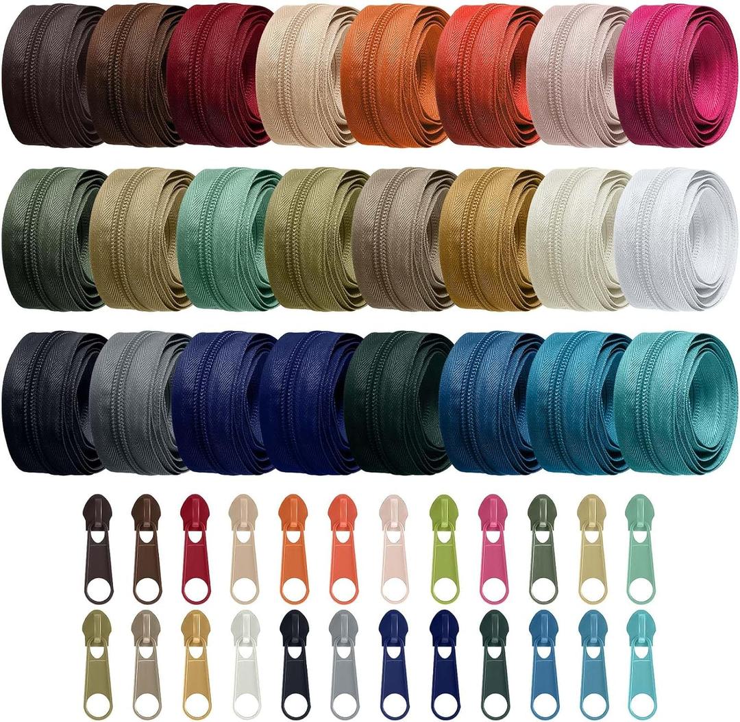 Syhood 24 Colors Zipper Repair Kit, #5 Nylon Coil Sewing Zippers Sewing Supplies Zipper Tape Zippers by the Yard with 96 Pcs Zip Pulls Sliders Purse Hardware for Bags Making(24yard,Dark Morandi)