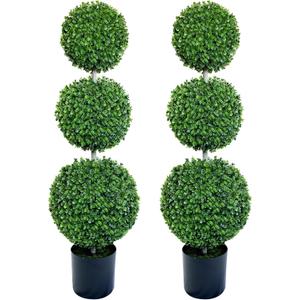 4FT Artificial Topiary Ball Tree Set of 2, Outdoor Indoor Faux Triple Ball Boxwood Plants, Green Fake Plant for Home Front Porch, Patio Garden Decor