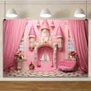 YongFoto Pink Princess Castle Backdrop 8x6ft Sofa Flowers Vases Curtain Door Room Interior Photography Background Girl Baby Kids Birthday Wedding Baby Shower Party Banner Living Room Decor (Style 1)