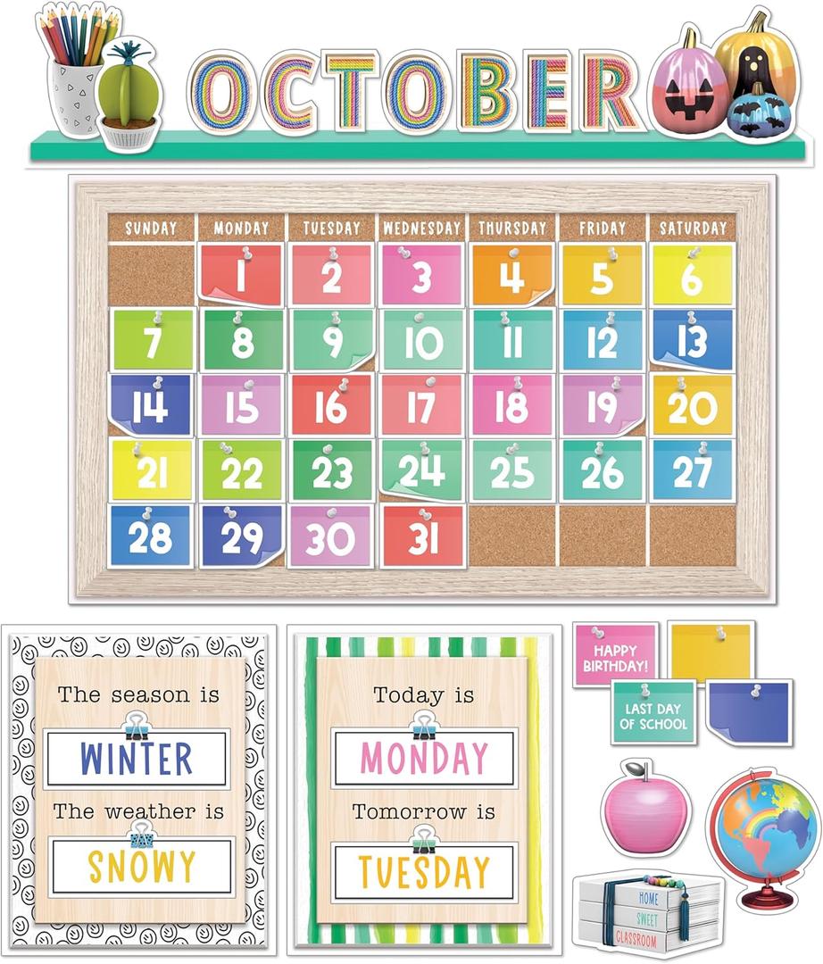 Carson Dellosa Creatively Inspired 118 pc Set Classroom Calendar, Monthly Headers, Birthdays, Number Cover Ups, Seasons, Weather, Days of The Week Chart, Rainbow, Plant, Boho Decor for Bulletin Board
