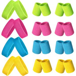 24 Pieces 80s Neon Sweatbands Set, Include 8 Sports Headbands and 16 Sweat Wristbands Elastic Athletic Tennis Sweat Bands Bulk for Man Woman (Rose Red, Sky Blue, Fluorescent Yellow, Yellow)