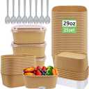 25 Pack 29oz Disposable Kraft Paper Bowls with Lids and Forks, Meal Prep Containers Disposable Soup Serving Bowls Take Out Containers for Party, Microwave Safe for Hot/Cold Food (Rectangular)