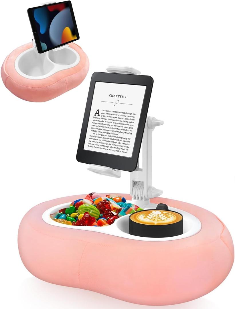 Tablet Pillow Stand, Compatible with 5"-12.9" Kindle, iPad, Phone/Tablet, Google, Samsung, 360 Rotating Phone Holder for Bed, Soft Plush Fabric, Detachable Bowl, Reading and Relaxation on Bed, Pink