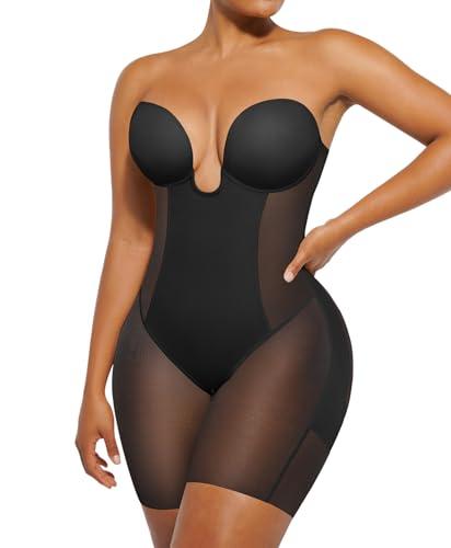 SHAPELLX Low Back Shapewear Plunge Backless Strapless Bodysuit Mid Thigh Body Shaper Butt Lifter Full Body Shapewear, L+