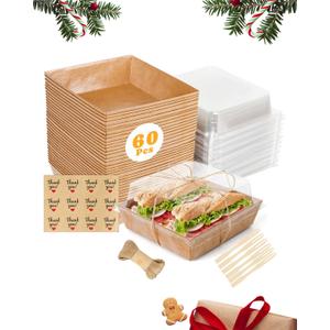 60 Pack Charcuterie Boxes with Clear Lids, Individual (Wood, 5 In) Small Paper Charcuterie Bakery To Go with Lid - Disposable Party Favor Boxes for Food, Sushi, Cookie, Cake Slice, Dessert, Sandwich (Brown)