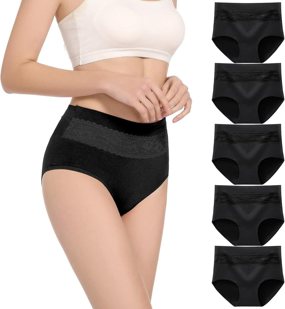 HAVVIS Women's Briefs Underwear Cotton High Waist Tummy Control Panties Rose Jacquard Ladies Panty Multipack (Medium, Brief 06 - 5 Pack - Black)