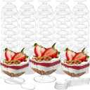 Hacaroa 50 Pack Plastic Dessert Cups Short Stem Cups with Spoons, 4 Oz Mini Parfait Appetizer Cup, Clear Disposable Ice Cream Bowls Mousse Cups for Party, Wedding, Picnic
