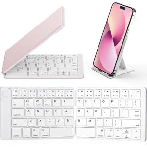 Samsers Foldable Bluetooth Keyboard - Portable Wireless Keyboards with Stand Holder, Rechargeable Full Size Ultra Slim Folding for iOS Android Windows Smartphone Tablet and Laptop, White-Pink (BT x 1)