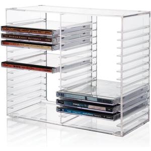 STORi Stackable Clear Plastic CD Organizer with Rubber Feet | Rectangular Jewel Cases Holder Perfect for Theatre Room | Holds up to 30 CD Cases | Made in USA