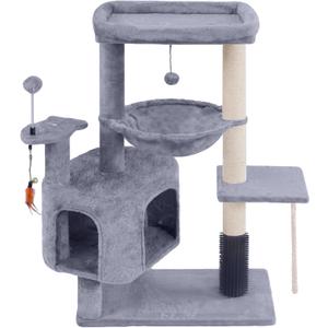 Cat Tree with Cat Condo and Hammock for Indoor Cats, Cat Tree with Self-Grooming Brush and Toy Balls, Cat Tower with Scratching Posts, Grey