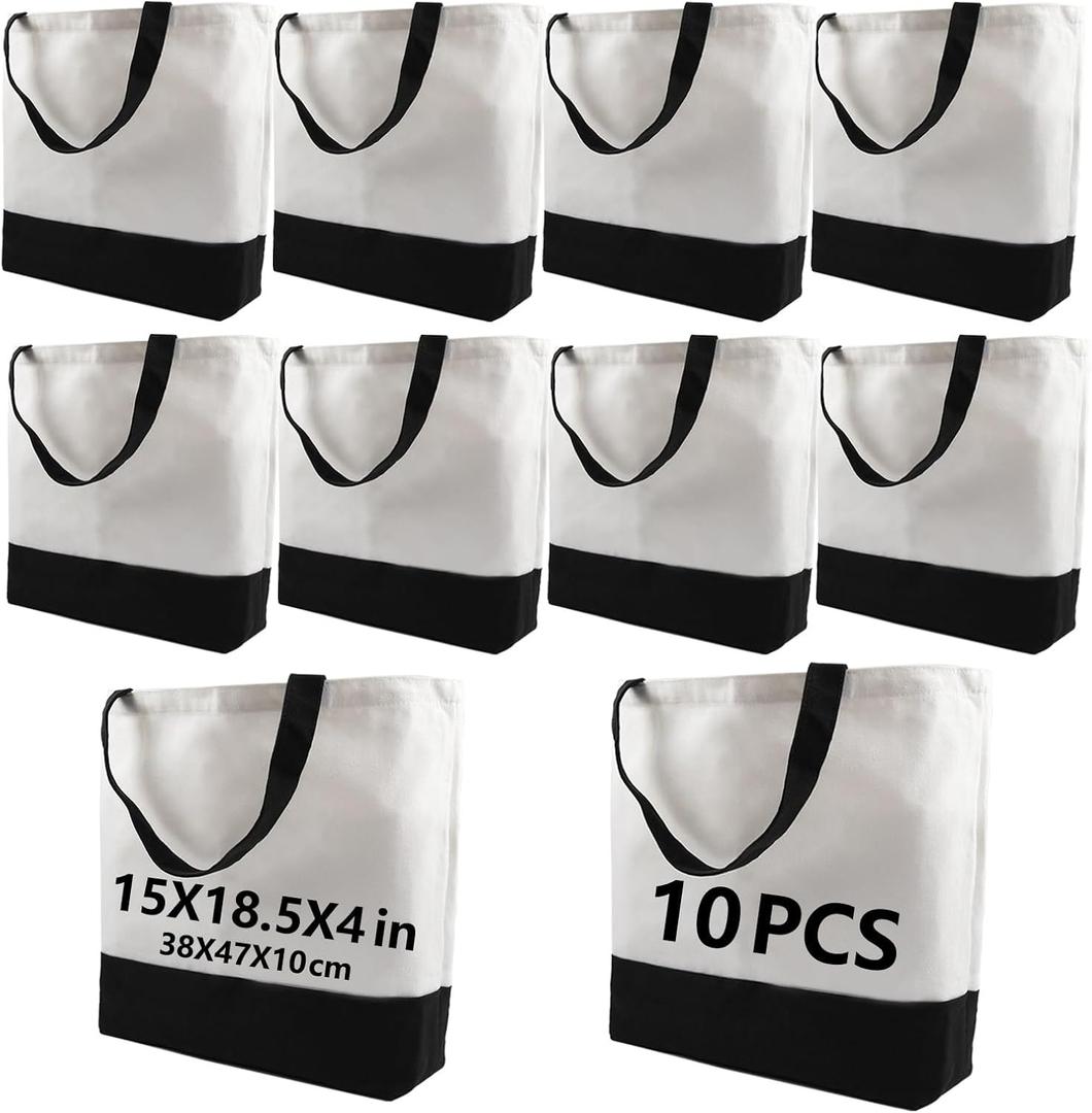 10 pcs Sublimation Tote Bags,polyester tote bags for sublimation, blank canvas tote bags for DIY Crafting and Decorating (Black/White)