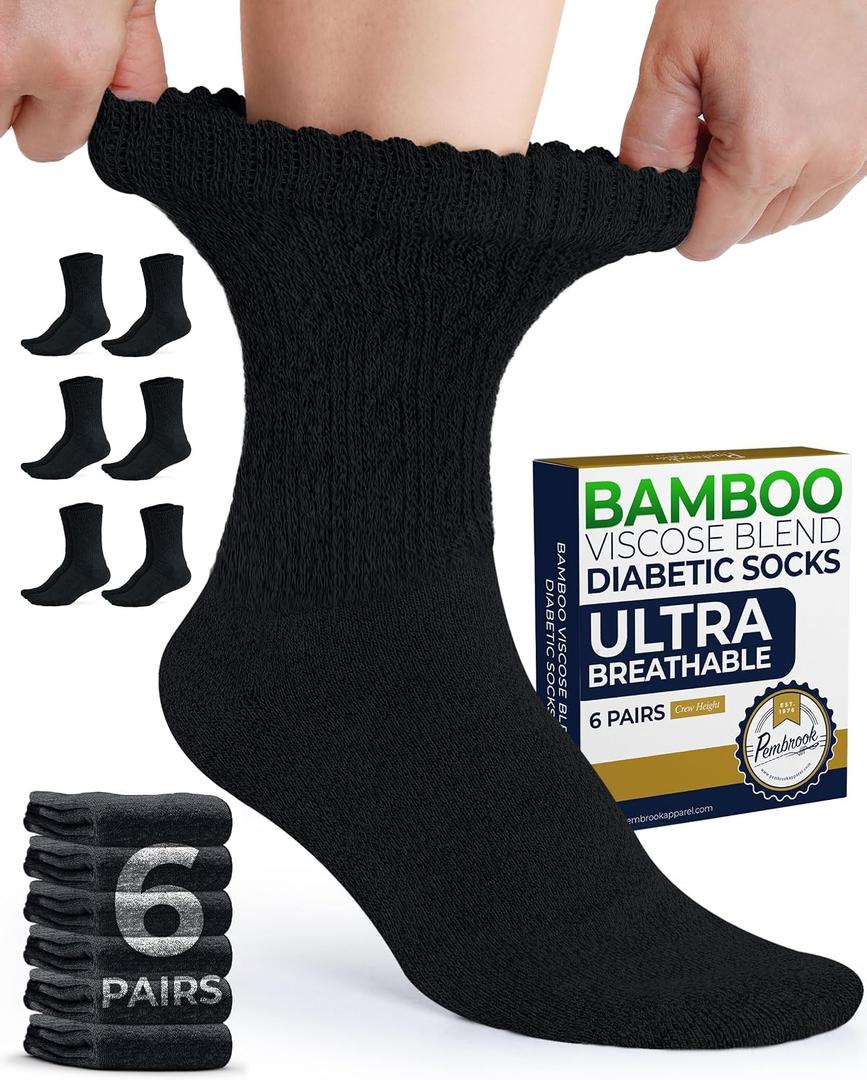 Pembrook Diabetic Socks for Women - 6 Pairs Cable Knit Viscose Bamboo Socks Woman, Non-Binding Top, Moisture-Wicking (Black)