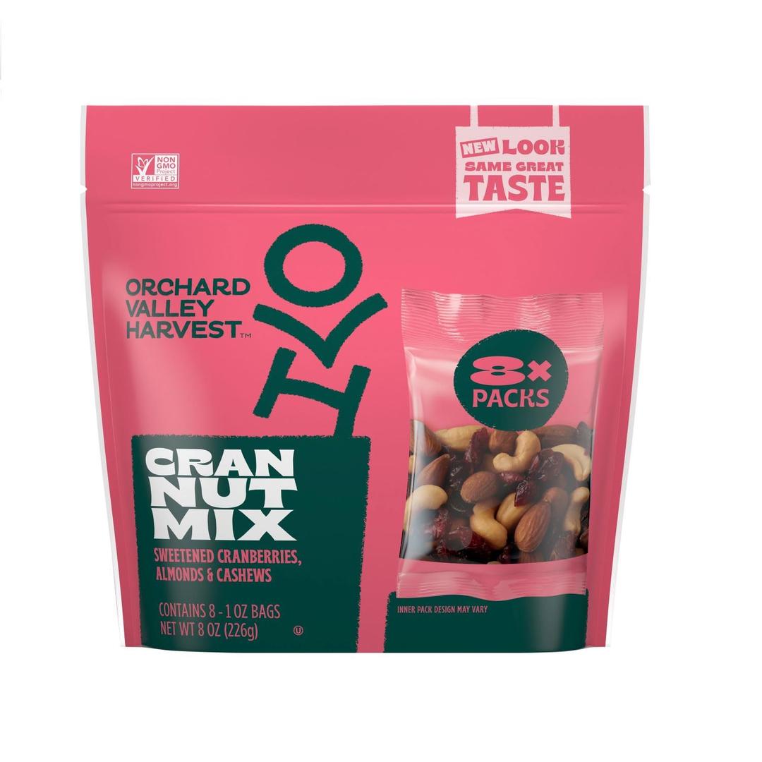 Orchard Valley Harvest Cran Nut Trail Mix, 1oz Bags (Pack of 8), Sweetened Cranberries, Almonds, Cashews, Gluten Free, Trail Mix Individual Packs, Snacks for Adults, 4g Plant Based Protein Per Serving, Healthy Snacks for Adults BBD: 4/22/26