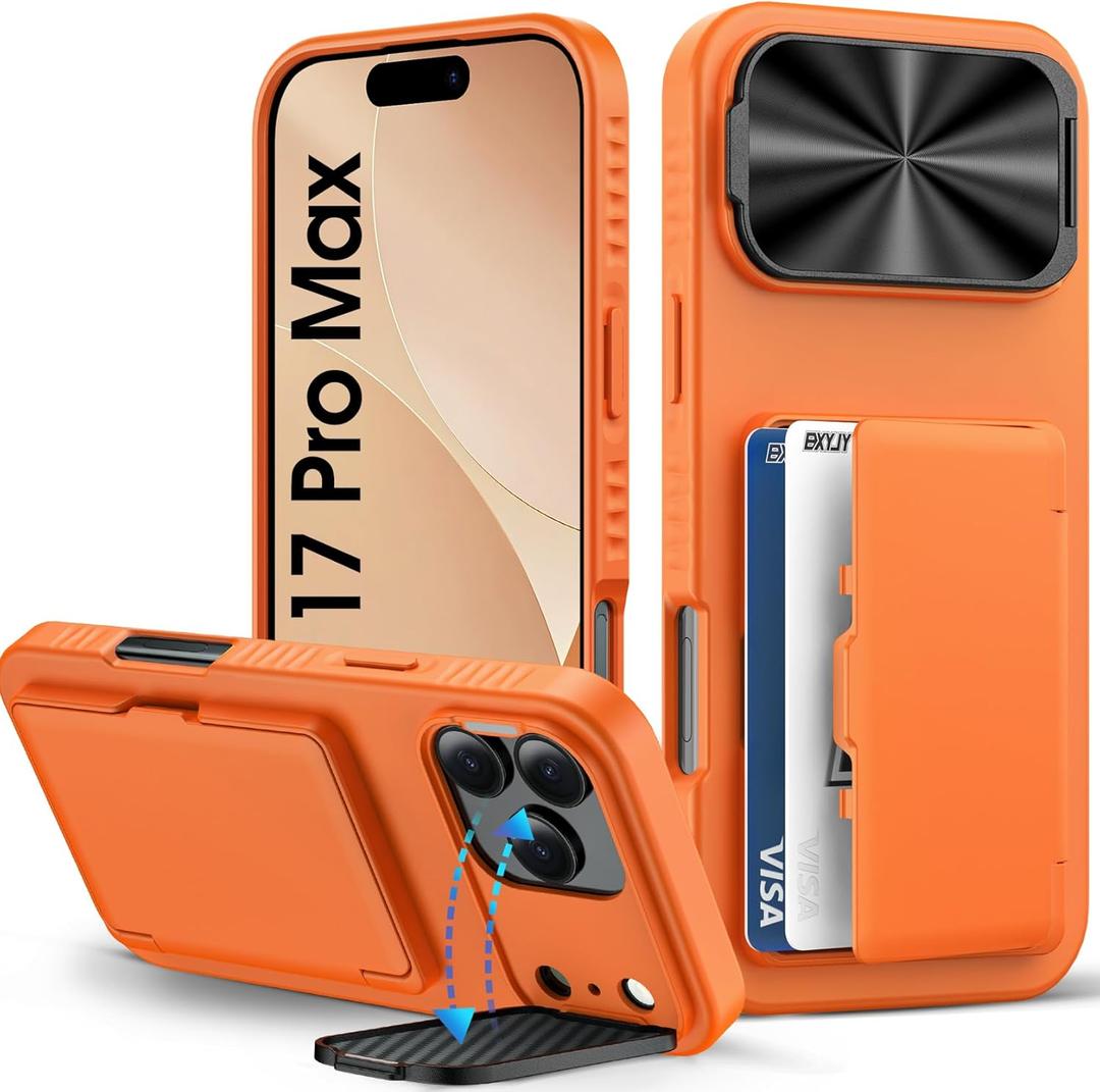 BXYJY for iPhone 17 Pro Max Wallet Case with Camera Cover Kickstand, Card Holder (3-5 Cards), Military Grade Drop, Heavy Duty Women Men Protective Phone Case for iPhone 17 Pro Max 6.9" 2025, Orange
