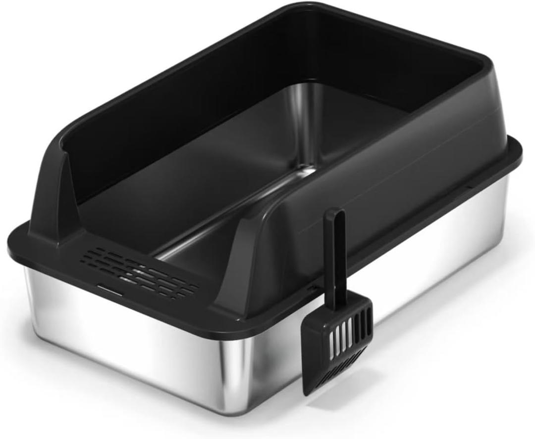 Stainless Steel Cat Litter BoxMetal Kitty Litter Box with High Wall Sides Enclosure for Big and Small Cats, Odor Control, Easy Clean,Non-Sticky, Anti-Leakage (Open Top Litter Box-Black)