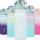BJPKPK Insulated Water Bottle 18oz Stainless Steel Water Bottles With Straw And Carry Handle Double Wall Metal Thermos,Light Blue Leopard