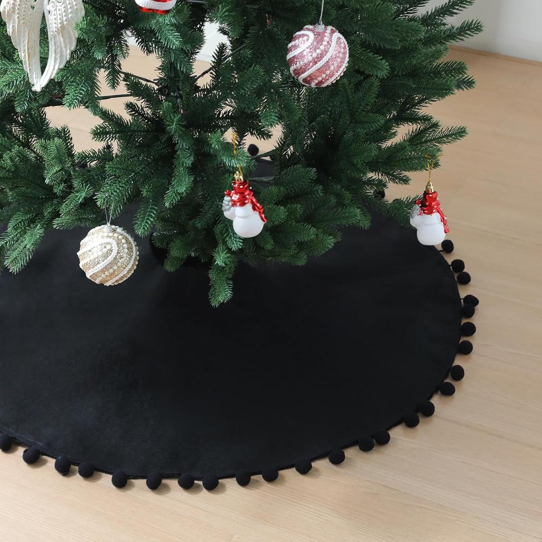 Nonwoven Christmas Tree Skirt, 24 inch Xmas Tree Skirt with Black Pom Poms, Seasonal Holiday Indoor Decoration(Black, 24 inch)