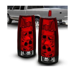 AmeriLite for Chevy GMC FullSize C/K Silverado Sierra Pickup Suburban Crystal Red Smoke Replacement Brake Tail Lights Set - Passenger and Driver Side