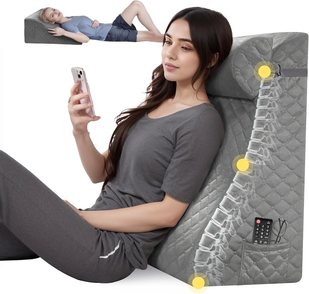 Daneey Reading Pillows for Sitting in Bed Adult Back Pillow for Bed Sitting Up, Back Support Pillow for Bed with Adjustable Roller, Foam Wedge Pillow for Neck, Lumbar, Back, Gray, 20 * 12 * 26IN (Grey)