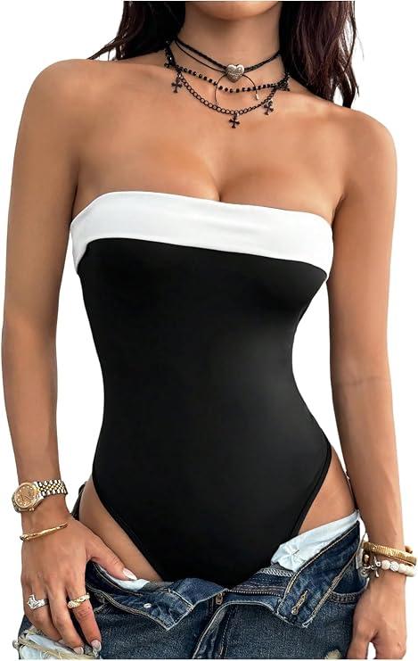 WDIRARA Women's Strapless Tube Bodysuit Color Block Sleeveless Going Out Body Suit XS