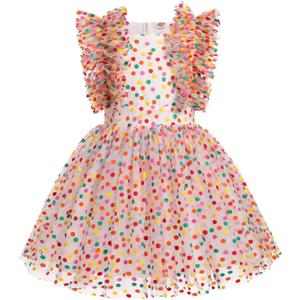 Kids Girls Confetti Birthday Princess Dress Ruffle Sleeve Boho Cake Smash Photo Shoot Outfit 3-10T (5-6 Years, Rainbow Dots)