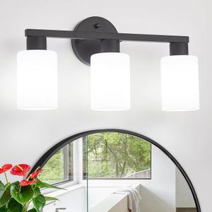 Bathroom Vanity Light Modern Bathroom Light Fixtures Vanity Lights with Eye-Friendly Milky White Frosted Glass Shades E26 Socket (Bulbs Not Included) 3 Light Black
