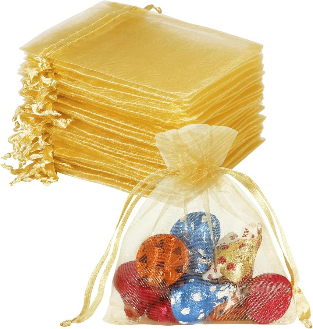 HRX Package 100pcs Little Gold Organza Bags 3 x 4 inch, Mesh Jewelry Pouches Drawstring Empty Sachets for Bracelets Candy Small Gift