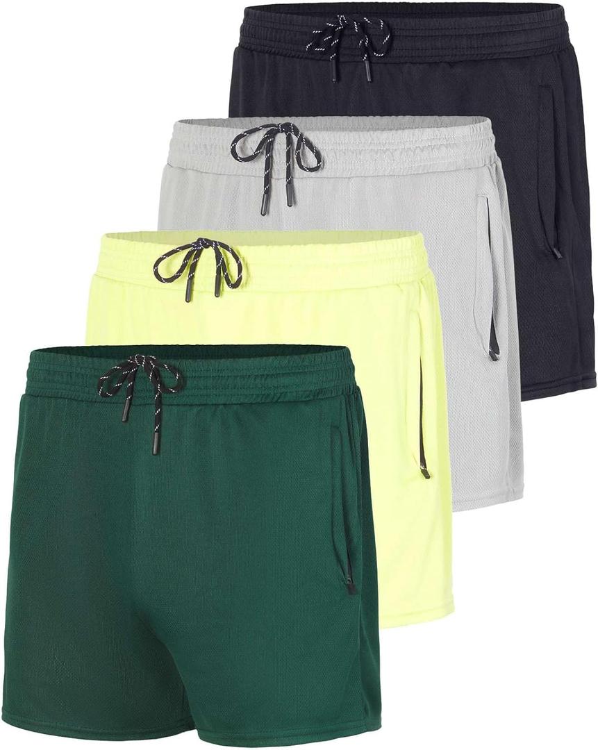 Real Essentials 4 Pack: Men's Mesh 7"/ 5"/ 3" Athletic Zipper Shorts Workout Gym Running Basketball (Large)