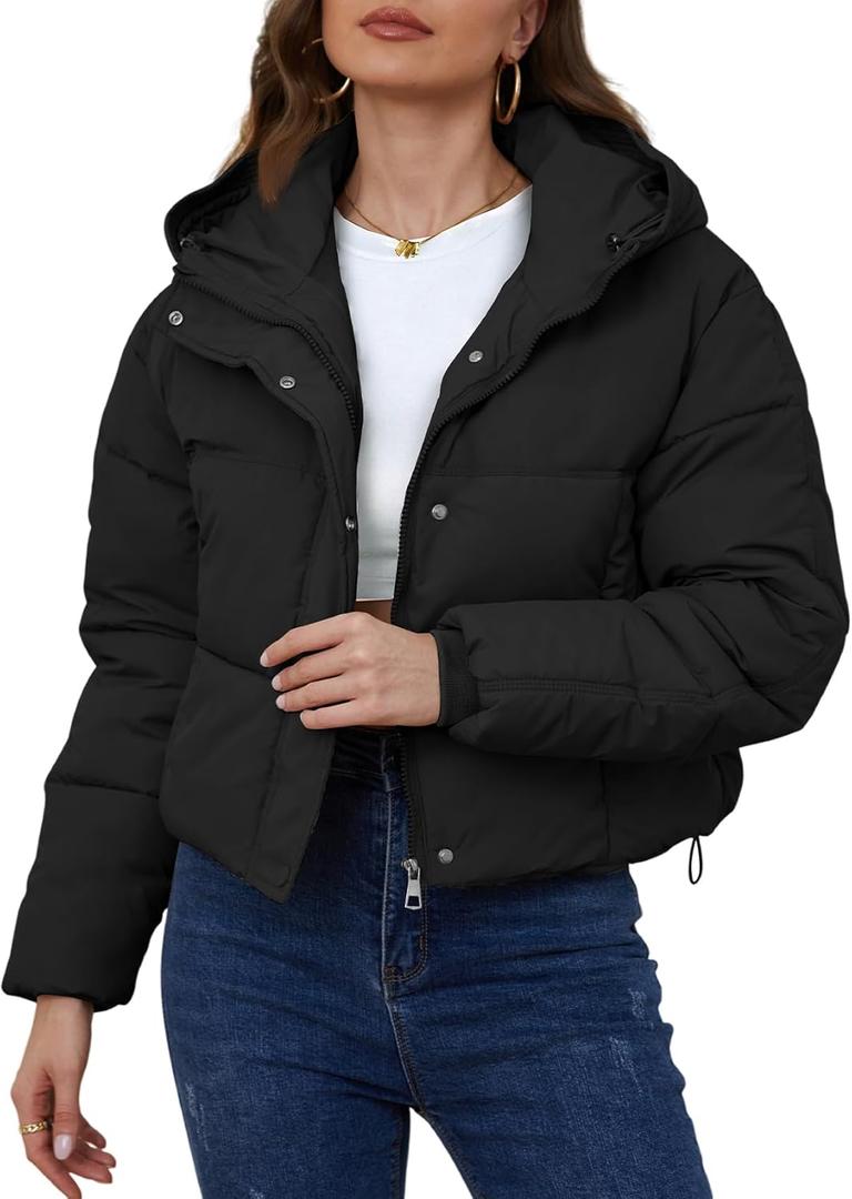 Yimoon Womens Winter Cropped Puffer Jacket Hooded Zip Up Short Warm Quilted Puffer Coat Outerwear (Black)