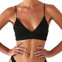 Women's Bikini Top Soild Color Push Up V Neck Bathing Suit Swimsuit Top (Black, M)