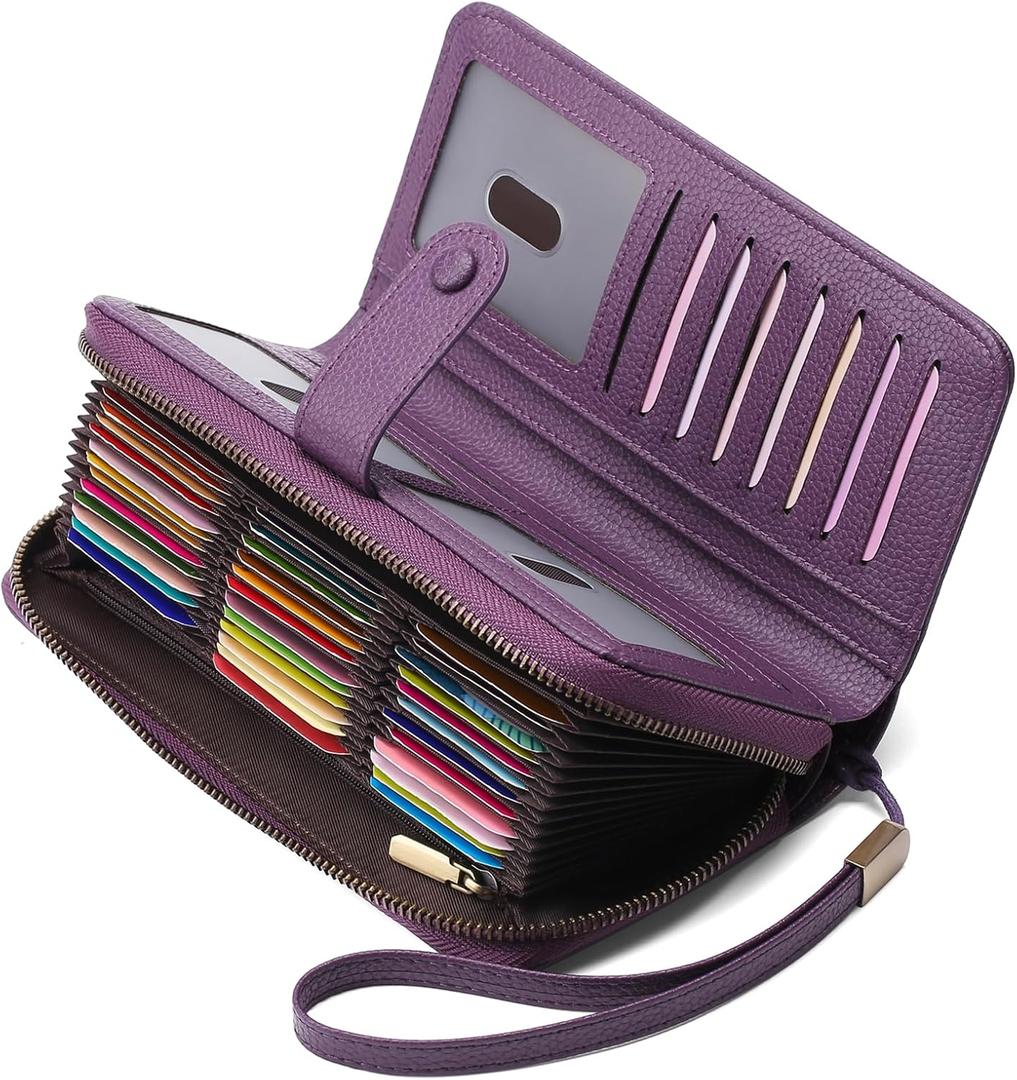 GAEKEAO Leather Credit Card Holder Wallet for Women RFID Blocking Large Capacity Bifold Zipper Card Case Organizer with Wristlet 45 Slots (Purple)
