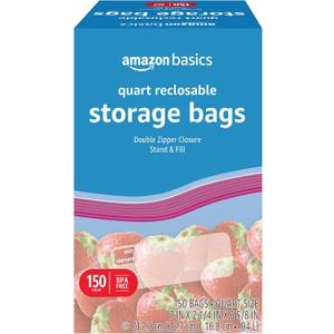 Amazon Basics Reclosable Quart Food Storage Bags with Double Zipper Seal, BPA Free, 150 Count