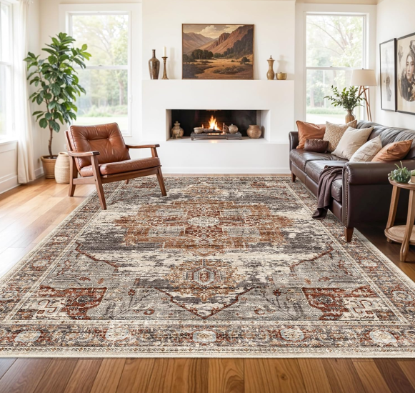 RUUGME Washable 8x10 Area Rugs - Large Rugs for Living Room Stain Resistant Carpet Vintage Rugs for Bedroom with Non Slip Backing Home Decor Floor Decoration Mat (8x10 Brick)