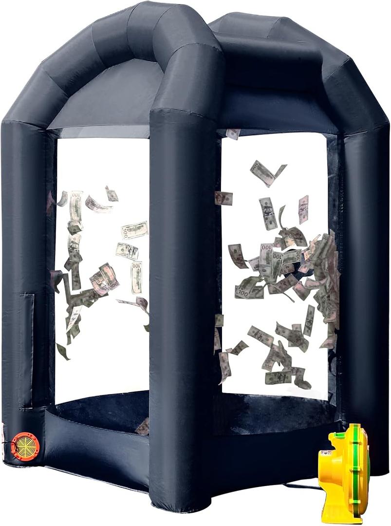 OZIS Inflatable Cash Cube Booth 5.2x5.2x8.2FT with Built-in Blower, Double Air Flow Tube Inflatable Money Grab Machine Booth for Advertising Promotions Business Event PartyBlack