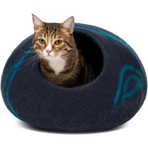 MEOWFIA Cat Cave  Premium Felt Cat Bed for Indoor Cats, Handmade 100% Merino Wool (Dark Shades) (Large, Black Aqua)