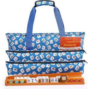 American Mahjong Tile Set, 166 White Tiles & 4 All-in-One Wooden Racks with Pushers, Mah Jongg Game Sets with Blue Mahjong-Themed Carrying Bag