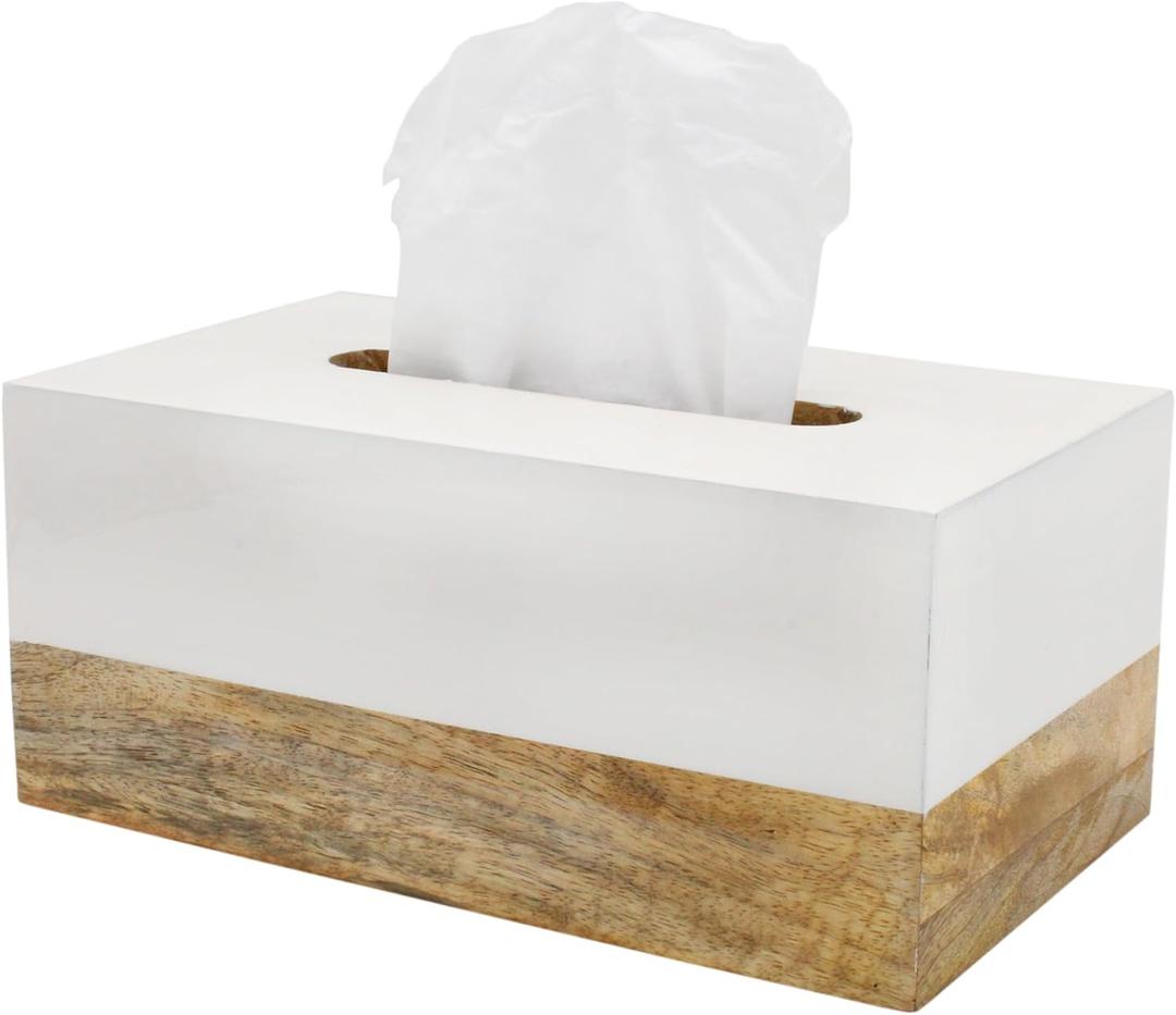 AuldHome Design Rectangular Tissue Box Cover (Enamel/Mango Wood); Minimalist Scandinavian Decor White Oblong Tissue Holder