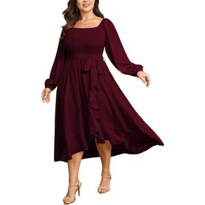 SCOMCHIC Women Plus Size Cocktail Dress Formal Long Sleeve Wedding Guest Smocked High Low Ruffle Dress with Belted (XL)
